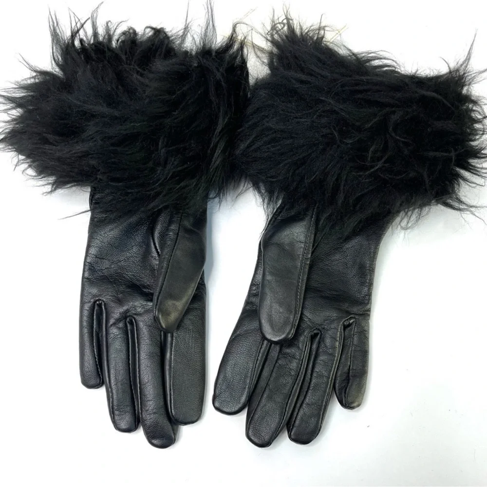 UGG Black Leather Gloves NEW With Fur Trim Black NEW Size S